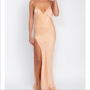 RESA Camille Slip Dress Maxi Leg Slit Satin Champagne Peach Open Back Strappy